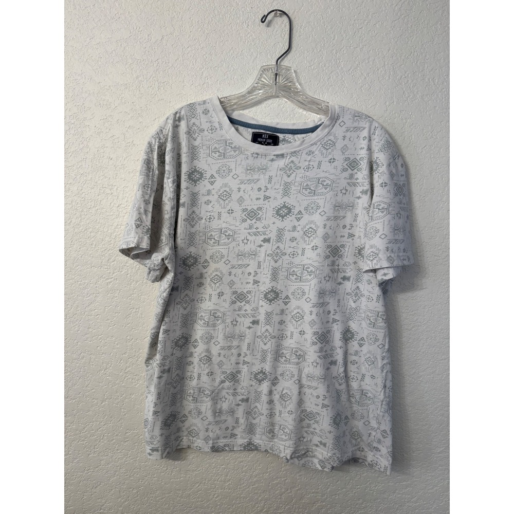 MBX Premium Goods T-Shirt Large White Grey Tribal Geometric Print Crew Neck L